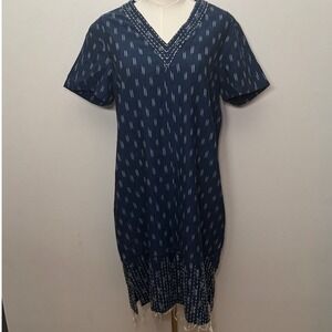 Souk Indigo 100%‎ Silk Boho Top Size s Tan Tassel Tie Hem Peasant Dress